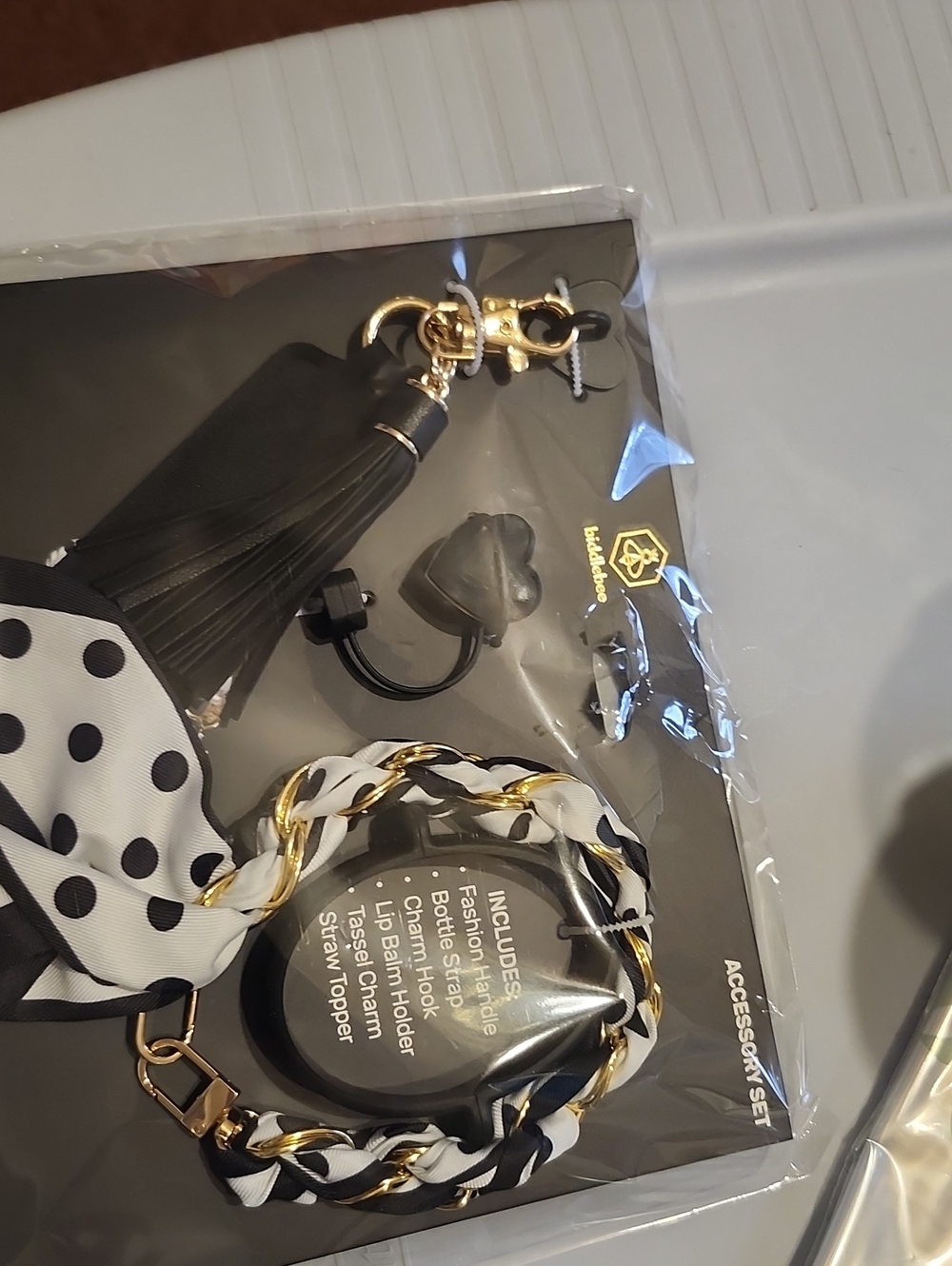Fashionable Black and White Polka Dot Bag Charm with Gold Chain